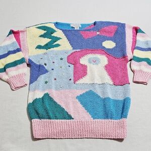 VTG Nannell Womens Hand Knit Wool Angora Chunky Beading Sweater Artsy Colorful L